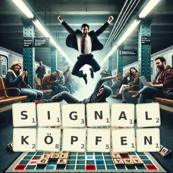 Kreative Illustration für ein Scrabble-Spiel, bei dem das Wort SIGNALKÖPFEN mit Steinen auf dem Brett gelegt wurde.