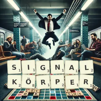 Kreative Illustration für ein Scrabble-Spiel, bei dem das Wort SIGNALKÖRPER mit Steinen auf dem Brett gelegt wurde.