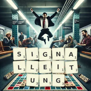 Kreative Illustration für ein Scrabble-Spiel, bei dem das Wort SIGNALLEITUNG mit Steinen auf dem Brett gelegt wurde.