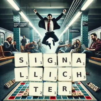 Kreative Illustration für ein Scrabble-Spiel, bei dem das Wort SIGNALLICHTER mit Steinen auf dem Brett gelegt wurde.