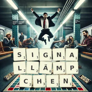 Kreative Illustration für ein Scrabble-Spiel, bei dem das Wort SIGNALLÄMPCHEN mit Steinen auf dem Brett gelegt wurde.