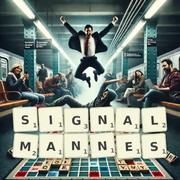 Kreative Illustration für ein Scrabble-Spiel, bei dem das Wort SIGNALMANNES mit Steinen auf dem Brett gelegt wurde.