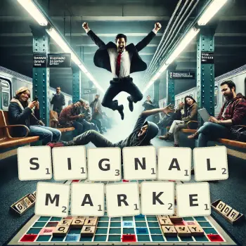 Kreative Illustration für ein Scrabble-Spiel, bei dem das Wort SIGNALMARKE mit Steinen auf dem Brett gelegt wurde.