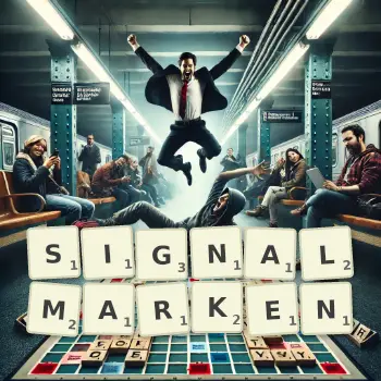 Kreative Illustration für ein Scrabble-Spiel, bei dem das Wort SIGNALMARKEN mit Steinen auf dem Brett gelegt wurde.