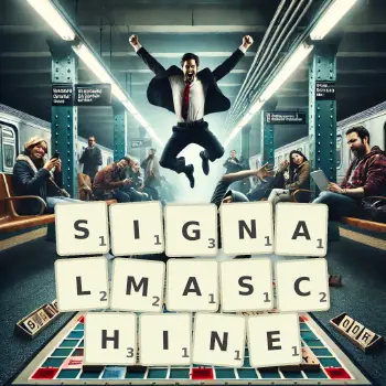 Kreative Illustration für ein Scrabble-Spiel, bei dem das Wort SIGNALMASCHINE mit Steinen auf dem Brett gelegt wurde.