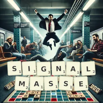 Kreative Illustration für ein Scrabble-Spiel, bei dem das Wort SIGNALMASSE mit Steinen auf dem Brett gelegt wurde.