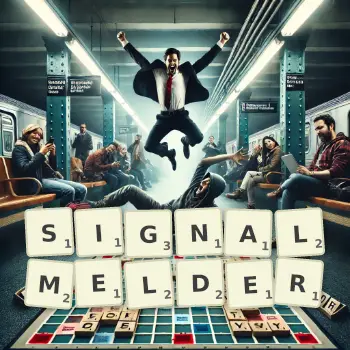 Kreative Illustration für ein Scrabble-Spiel, bei dem das Wort SIGNALMELDER mit Steinen auf dem Brett gelegt wurde.