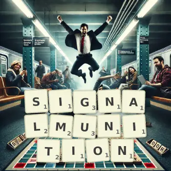Kreative Illustration für ein Scrabble-Spiel, bei dem das Wort SIGNALMUNITION mit Steinen auf dem Brett gelegt wurde.