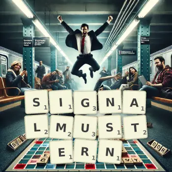 Kreative Illustration für ein Scrabble-Spiel, bei dem das Wort SIGNALMUSTERN mit Steinen auf dem Brett gelegt wurde.
