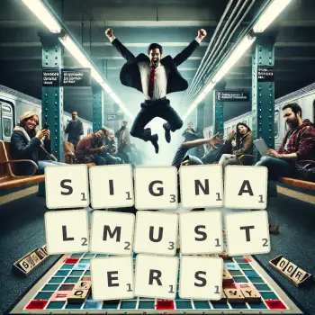 Kreative Illustration für ein Scrabble-Spiel, bei dem das Wort SIGNALMUSTERS mit Steinen auf dem Brett gelegt wurde.