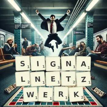 Kreative Illustration für ein Scrabble-Spiel, bei dem das Wort SIGNALNETZWERK mit Steinen auf dem Brett gelegt wurde.