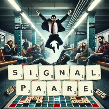 Kreative Illustration für ein Scrabble-Spiel, bei dem das Wort SIGNALPAARE mit Steinen auf dem Brett gelegt wurde.
