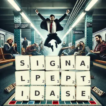 Kreative Illustration für ein Scrabble-Spiel, bei dem das Wort SIGNALPEPTIDASE mit Steinen auf dem Brett gelegt wurde.