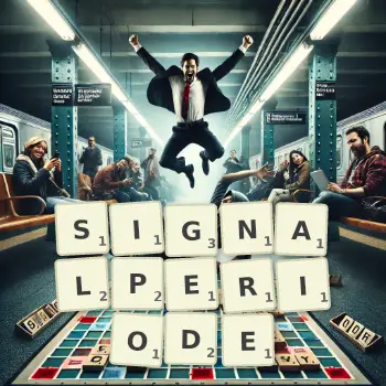 Kreative Illustration für ein Scrabble-Spiel, bei dem das Wort SIGNALPERIODE mit Steinen auf dem Brett gelegt wurde.