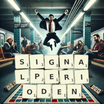 Kreative Illustration für ein Scrabble-Spiel, bei dem das Wort SIGNALPERIODEN mit Steinen auf dem Brett gelegt wurde.