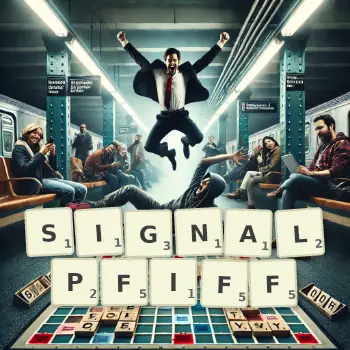 Kreative Illustration für ein Scrabble-Spiel, bei dem das Wort SIGNALPFIFF mit Steinen auf dem Brett gelegt wurde.