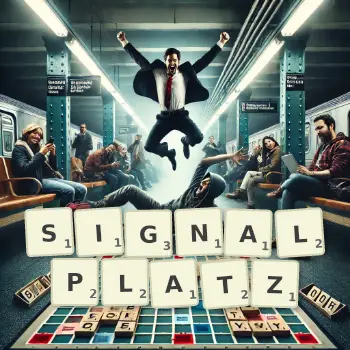 Kreative Illustration für ein Scrabble-Spiel, bei dem das Wort SIGNALPLATZ mit Steinen auf dem Brett gelegt wurde.