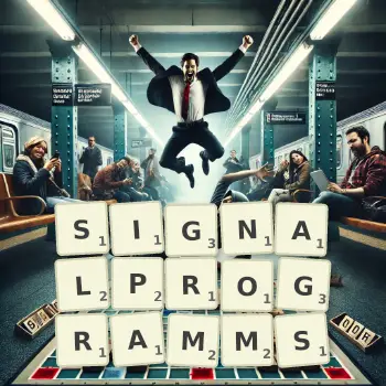 Kreative Illustration für ein Scrabble-Spiel, bei dem das Wort SIGNALPROGRAMMS mit Steinen auf dem Brett gelegt wurde.