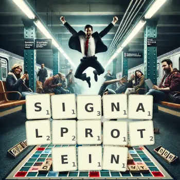 Kreative Illustration für ein Scrabble-Spiel, bei dem das Wort SIGNALPROTEIN mit Steinen auf dem Brett gelegt wurde.