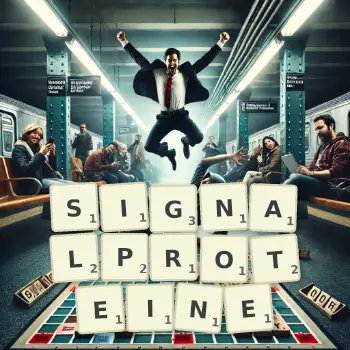 Kreative Illustration für ein Scrabble-Spiel, bei dem das Wort SIGNALPROTEINE mit Steinen auf dem Brett gelegt wurde.