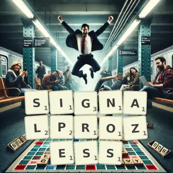 Kreative Illustration für ein Scrabble-Spiel, bei dem das Wort SIGNALPROZESS mit Steinen auf dem Brett gelegt wurde.