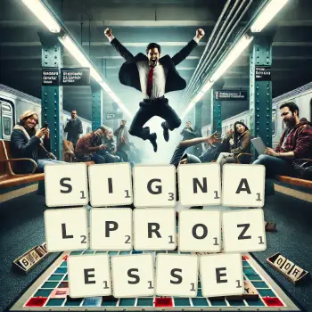 Kreative Illustration für ein Scrabble-Spiel, bei dem das Wort SIGNALPROZESSE mit Steinen auf dem Brett gelegt wurde.