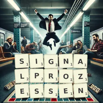 Kreative Illustration für ein Scrabble-Spiel, bei dem das Wort SIGNALPROZESSEN mit Steinen auf dem Brett gelegt wurde.
