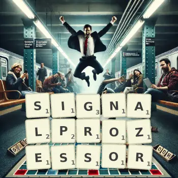 Kreative Illustration für ein Scrabble-Spiel, bei dem das Wort SIGNALPROZESSOR mit Steinen auf dem Brett gelegt wurde.