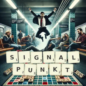 Kreative Illustration für ein Scrabble-Spiel, bei dem das Wort SIGNALPUNKT mit Steinen auf dem Brett gelegt wurde.