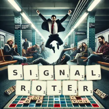 Kreative Illustration für ein Scrabble-Spiel, bei dem das Wort SIGNALROTER mit Steinen auf dem Brett gelegt wurde.