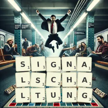 Kreative Illustration für ein Scrabble-Spiel, bei dem das Wort SIGNALSCHALTUNG mit Steinen auf dem Brett gelegt wurde.
