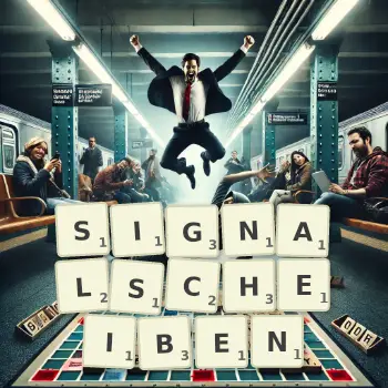 Kreative Illustration für ein Scrabble-Spiel, bei dem das Wort SIGNALSCHEIBEN mit Steinen auf dem Brett gelegt wurde.
