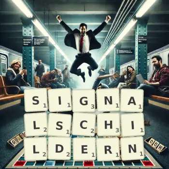 Kreative Illustration für ein Scrabble-Spiel, bei dem das Wort SIGNALSCHILDERN mit Steinen auf dem Brett gelegt wurde.