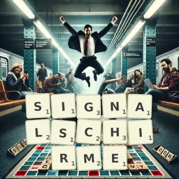 Kreative Illustration für ein Scrabble-Spiel, bei dem das Wort SIGNALSCHIRME mit Steinen auf dem Brett gelegt wurde.