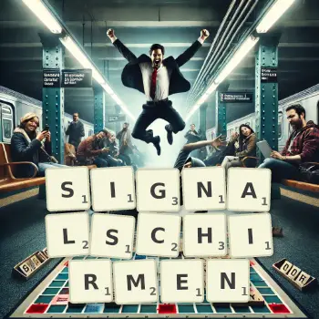 Kreative Illustration für ein Scrabble-Spiel, bei dem das Wort SIGNALSCHIRMEN mit Steinen auf dem Brett gelegt wurde.