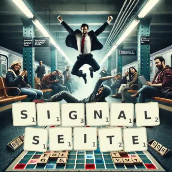 Kreative Illustration für ein Scrabble-Spiel, bei dem das Wort SIGNALSEITE mit Steinen auf dem Brett gelegt wurde.