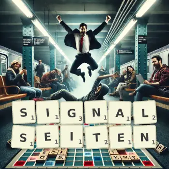 Kreative Illustration für ein Scrabble-Spiel, bei dem das Wort SIGNALSEITEN mit Steinen auf dem Brett gelegt wurde.