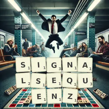 Kreative Illustration für ein Scrabble-Spiel, bei dem das Wort SIGNALSEQUENZ mit Steinen auf dem Brett gelegt wurde.