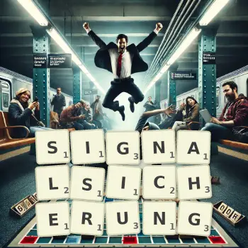 Kreative Illustration für ein Scrabble-Spiel, bei dem das Wort SIGNALSICHERUNG mit Steinen auf dem Brett gelegt wurde.