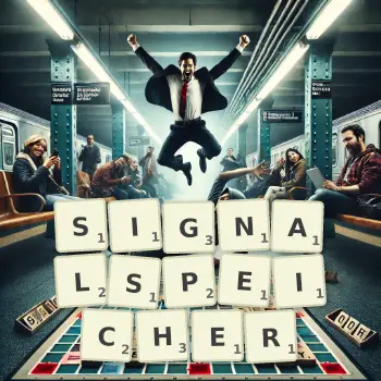 Kreative Illustration für ein Scrabble-Spiel, bei dem das Wort SIGNALSPEICHER mit Steinen auf dem Brett gelegt wurde.