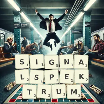 Kreative Illustration für ein Scrabble-Spiel, bei dem das Wort SIGNALSPEKTRUM mit Steinen auf dem Brett gelegt wurde.