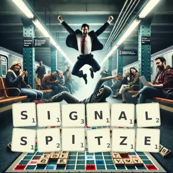 Kreative Illustration für ein Scrabble-Spiel, bei dem das Wort SIGNALSPITZE mit Steinen auf dem Brett gelegt wurde.