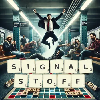 Kreative Illustration für ein Scrabble-Spiel, bei dem das Wort SIGNALSTOFF mit Steinen auf dem Brett gelegt wurde.