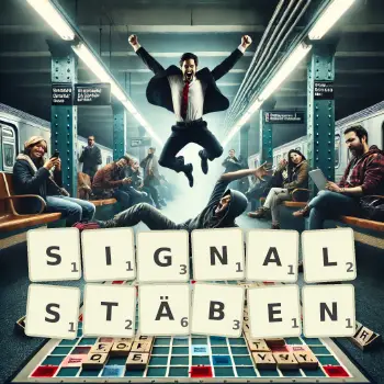 Kreative Illustration für ein Scrabble-Spiel, bei dem das Wort SIGNALSTÄBEN mit Steinen auf dem Brett gelegt wurde.