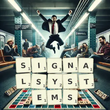 Kreative Illustration für ein Scrabble-Spiel, bei dem das Wort SIGNALSYSTEMS mit Steinen auf dem Brett gelegt wurde.