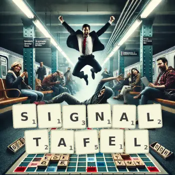Kreative Illustration für ein Scrabble-Spiel, bei dem das Wort SIGNALTAFEL mit Steinen auf dem Brett gelegt wurde.