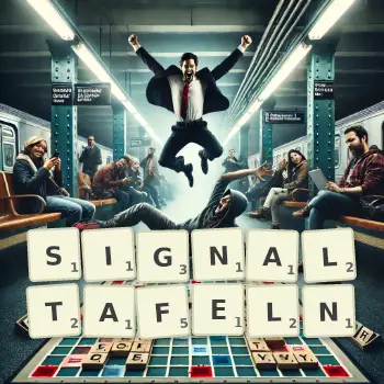 Kreative Illustration für ein Scrabble-Spiel, bei dem das Wort SIGNALTAFELN mit Steinen auf dem Brett gelegt wurde.