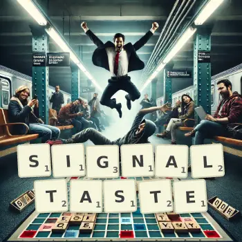 Kreative Illustration für ein Scrabble-Spiel, bei dem das Wort SIGNALTASTE mit Steinen auf dem Brett gelegt wurde.