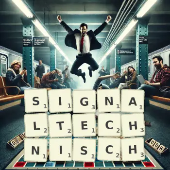 Kreative Illustration für ein Scrabble-Spiel, bei dem das Wort SIGNALTECHNISCH mit Steinen auf dem Brett gelegt wurde.