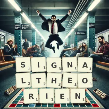 Kreative Illustration für ein Scrabble-Spiel, bei dem das Wort SIGNALTHEORIEN mit Steinen auf dem Brett gelegt wurde.